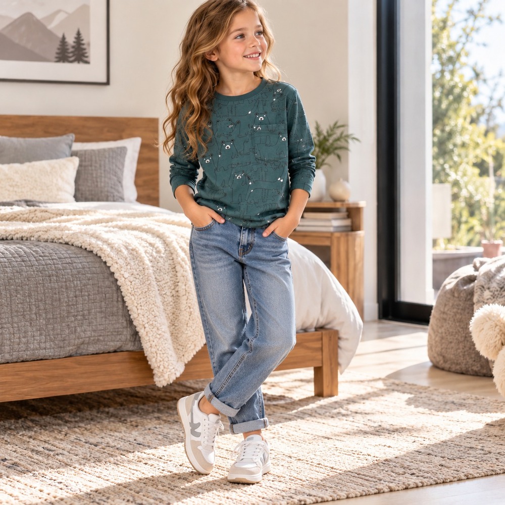 HANNA ANDERSSON Kids Girls Top T-Shirt 12 Green 100% Cotton Bear Print Pocket